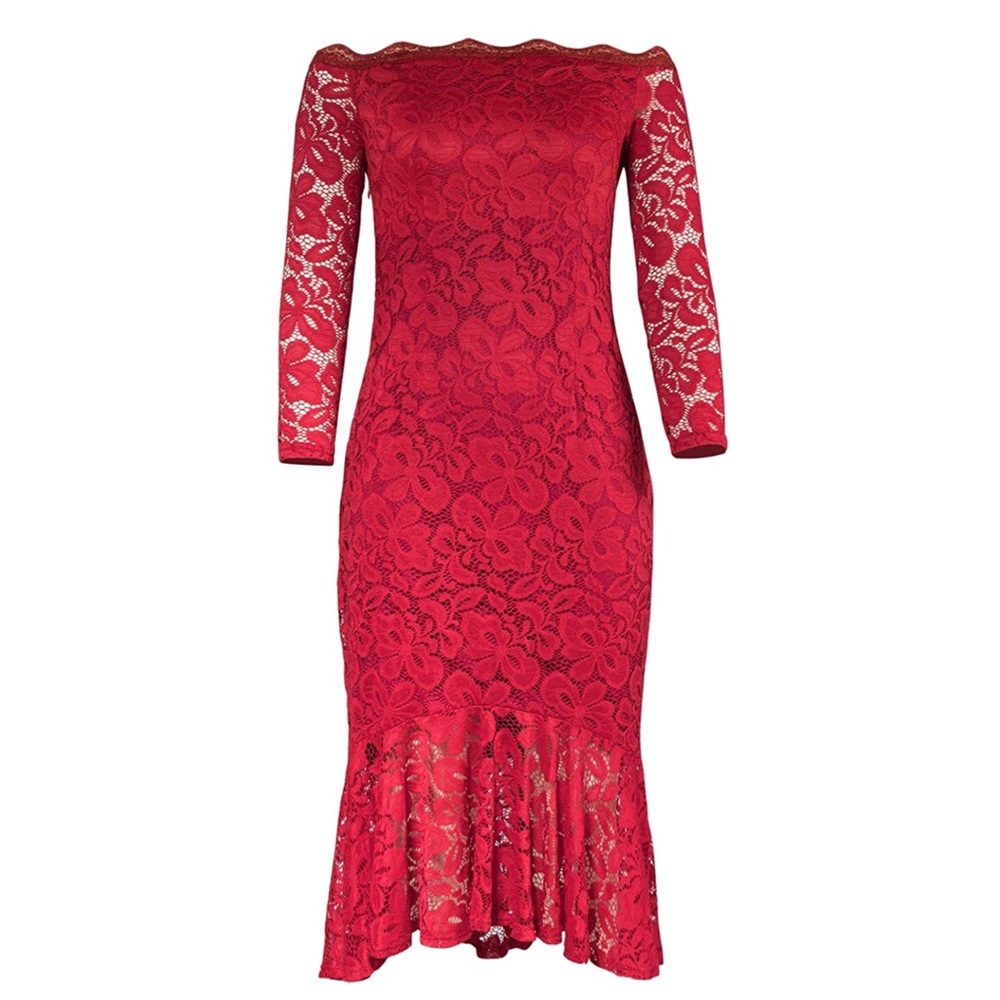 Red Lace Off Shoulder Long Sleeve Mermaid Dress /M